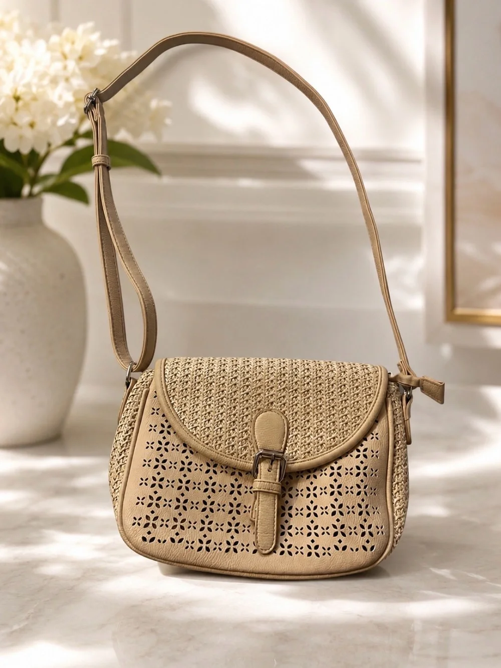 🤍 Jen & Co. Beige Woven Crossbody Bag